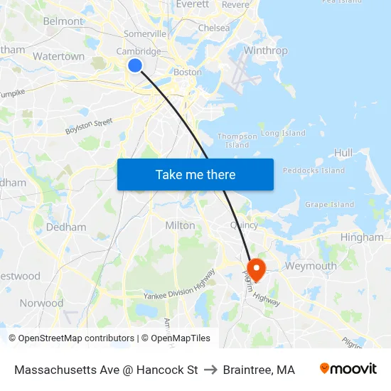 Massachusetts Ave @ Hancock St to Braintree, MA map