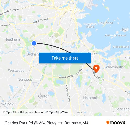 Charles Park Rd @ Vfw Pkwy to Braintree, MA map
