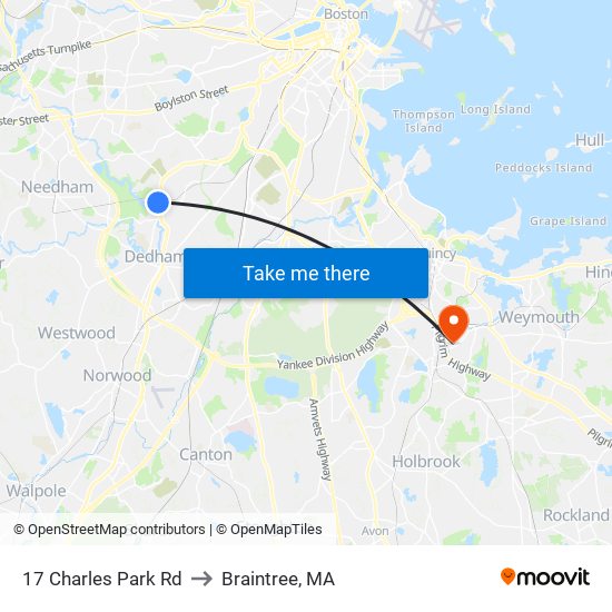 17 Charles Park Rd to Braintree, MA map