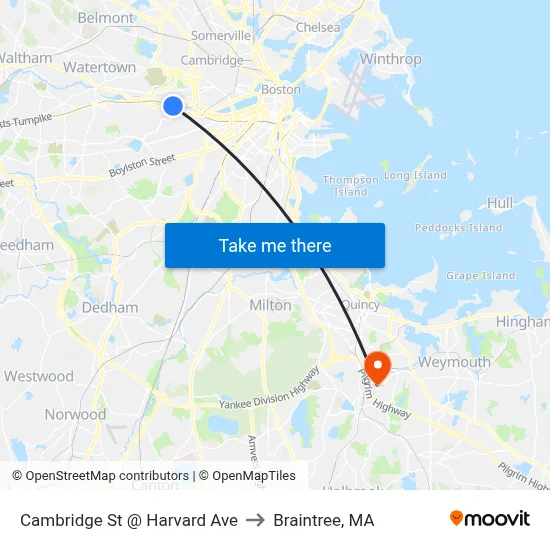 Cambridge St @ Harvard Ave to Braintree, MA map