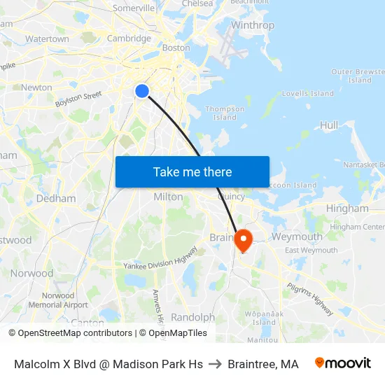 Malcolm X Blvd @ Madison Park Hs to Braintree, MA map