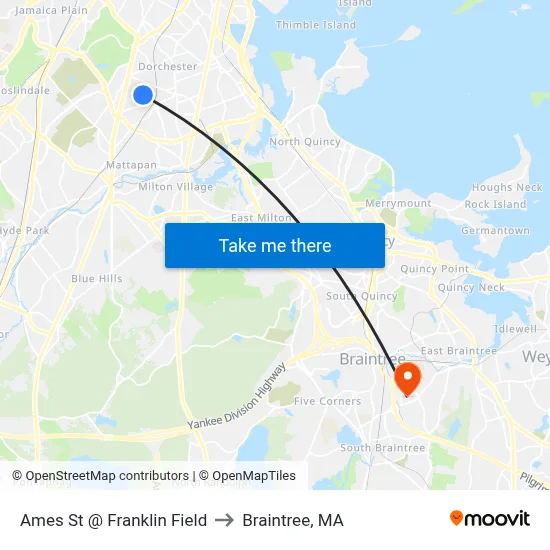 Ames St @ Franklin Field to Braintree, MA map