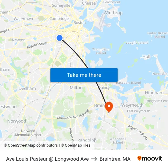Ave Louis Pasteur @ Longwood Ave to Braintree, MA map