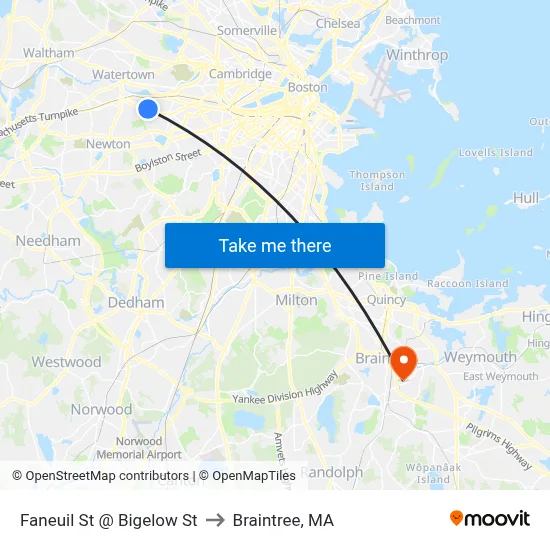 Faneuil St @ Bigelow St to Braintree, MA map