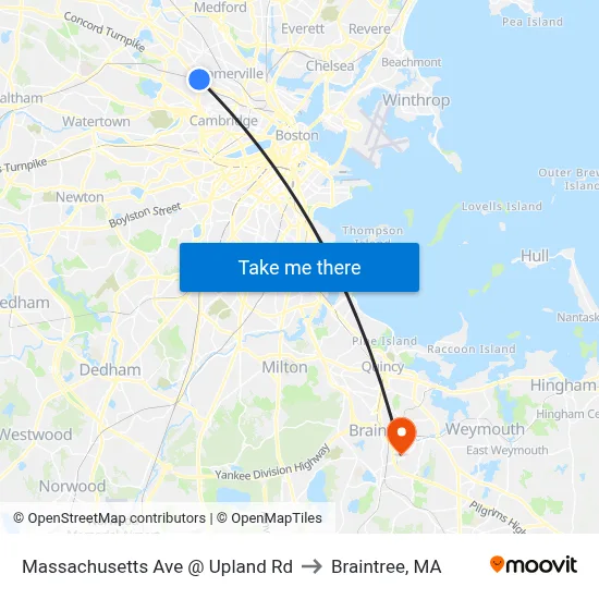 Massachusetts Ave @ Upland Rd to Braintree, MA map