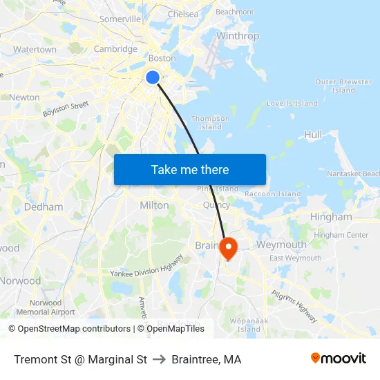 Tremont St @ Marginal St to Braintree, MA map