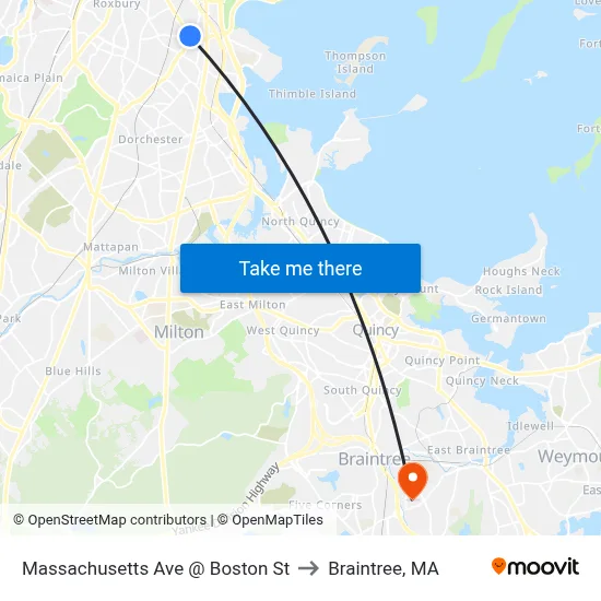 Massachusetts Ave @ Boston St to Braintree, MA map
