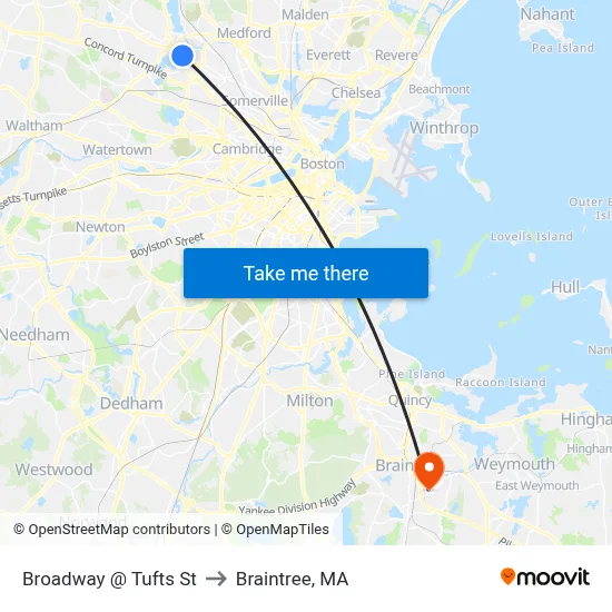 Broadway @ Tufts St to Braintree, MA map