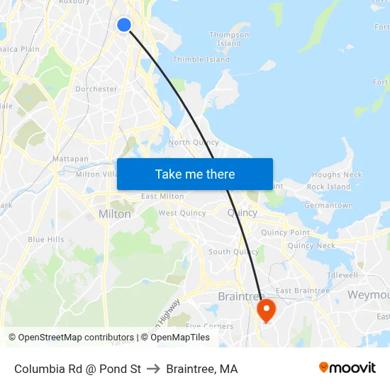 Columbia Rd @ Pond St to Braintree, MA map