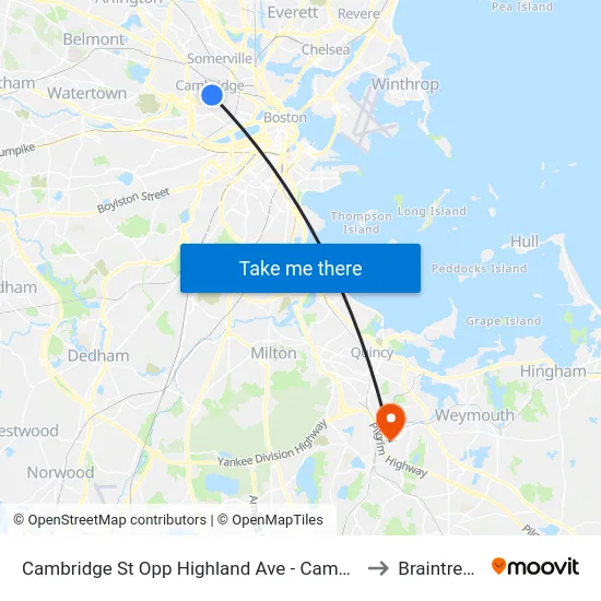 Cambridge St Opp Highland Ave - Cambridge Hospital to Braintree, MA map