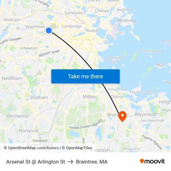 Arsenal St @ Arlington St to Braintree, MA map
