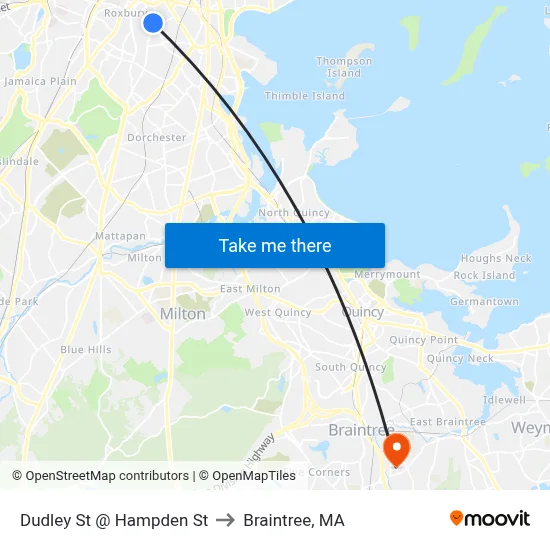 Dudley St @ Hampden St to Braintree, MA map