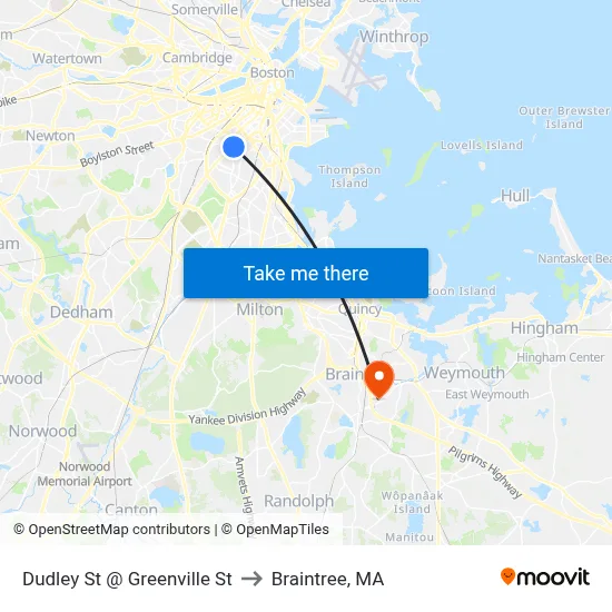 Dudley St @ Greenville St to Braintree, MA map