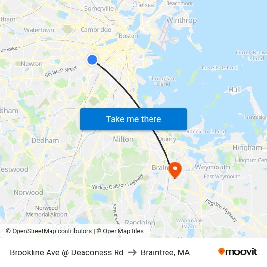 Brookline Ave @ Deaconess Rd to Braintree, MA map