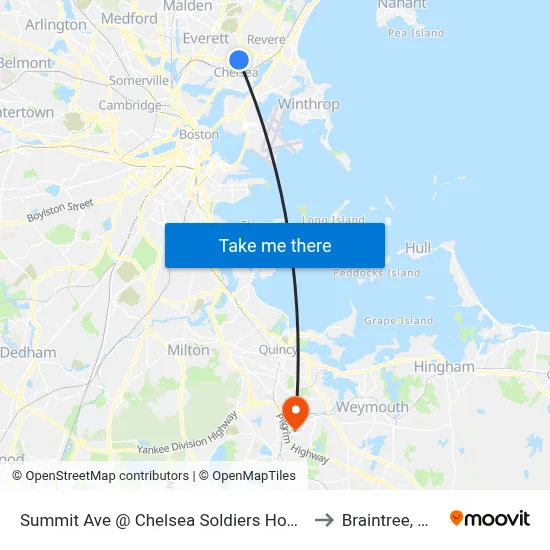 Summit Ave @ Chelsea Soldiers Home to Braintree, MA map