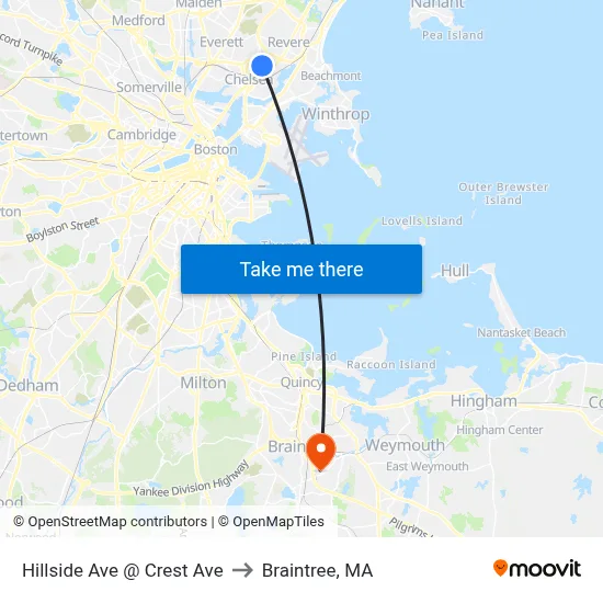 Hillside Ave @ Crest Ave to Braintree, MA map