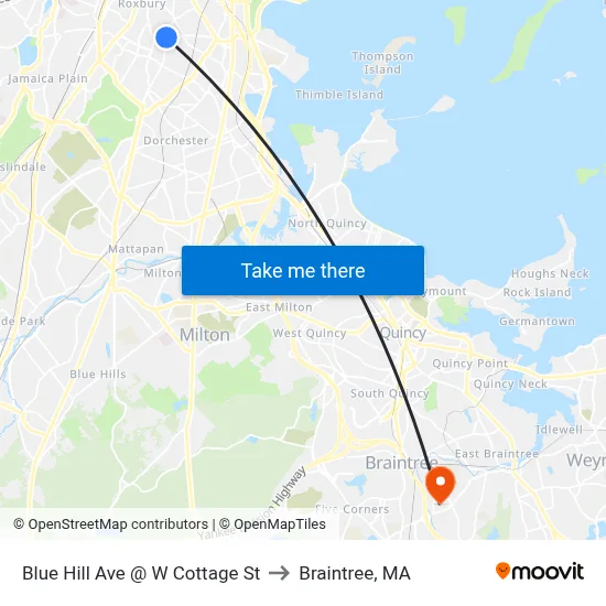 Blue Hill Ave @ W Cottage St to Braintree, MA map