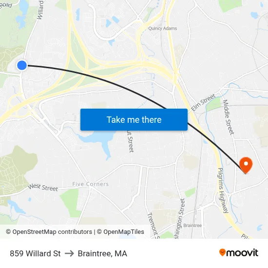 859 Willard St to Braintree, MA map