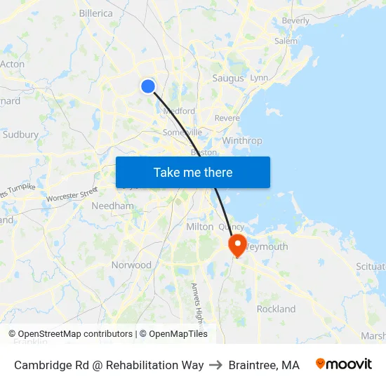 Cambridge Rd @ Rehabilitation Way to Braintree, MA map