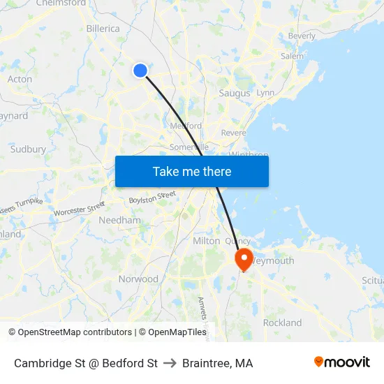 Cambridge St @ Bedford St to Braintree, MA map