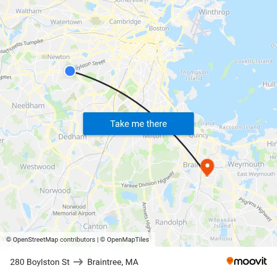 280 Boylston St to Braintree, MA map