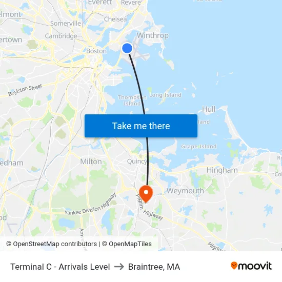 Terminal C - Arrivals Level to Braintree, MA map