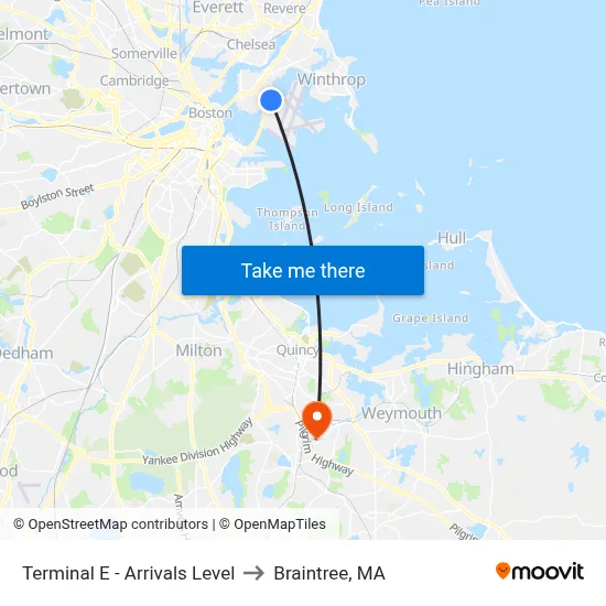 Terminal E - Arrivals Level to Braintree, MA map