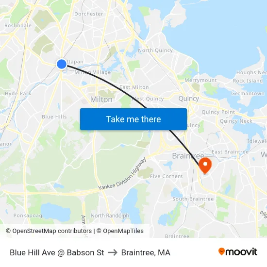 Blue Hill Ave @ Babson St to Braintree, MA map