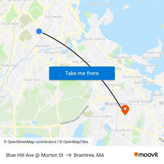 Blue Hill Ave @ Morton St to Braintree, MA map