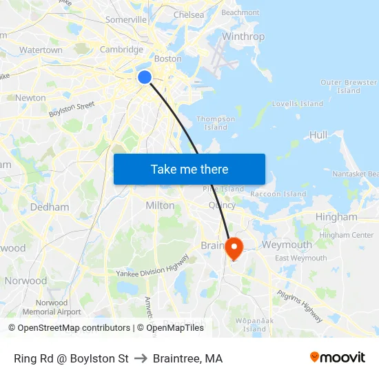 Ring Rd @ Boylston St to Braintree, MA map
