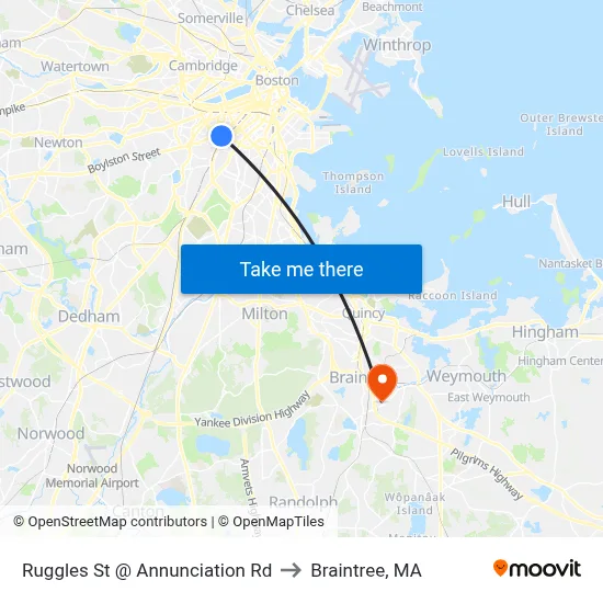 Ruggles St @ Annunciation Rd to Braintree, MA map