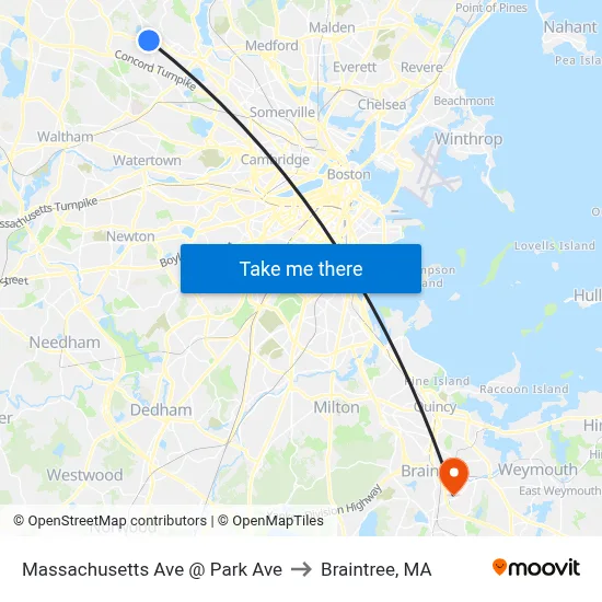 Massachusetts Ave @ Park Ave to Braintree, MA map