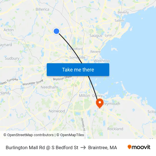 Burlington Mall Rd @ S Bedford St to Braintree, MA map