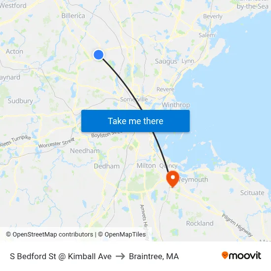 S Bedford St @ Kimball Ave to Braintree, MA map