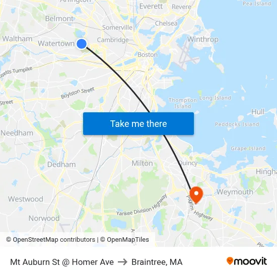 Mt Auburn St @ Homer Ave to Braintree, MA map