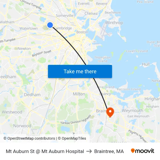 Mt Auburn St @ Mt Auburn Hospital to Braintree, MA map