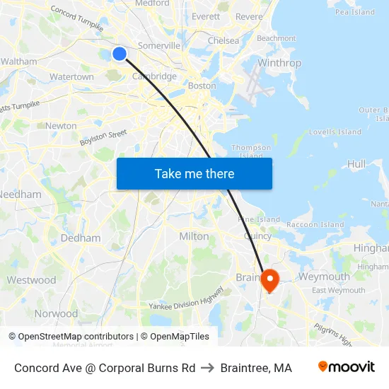 Concord Ave @ Corporal Burns Rd to Braintree, MA map