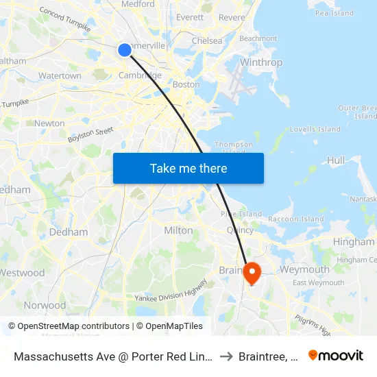 Massachusetts Ave @ Porter Red Line Sta to Braintree, MA map