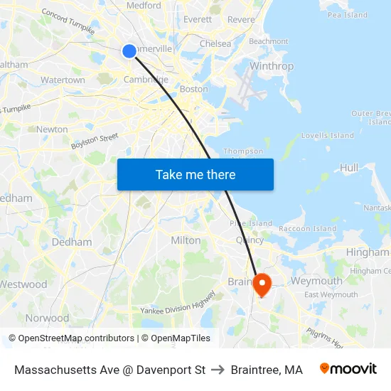 Massachusetts Ave @ Davenport St to Braintree, MA map