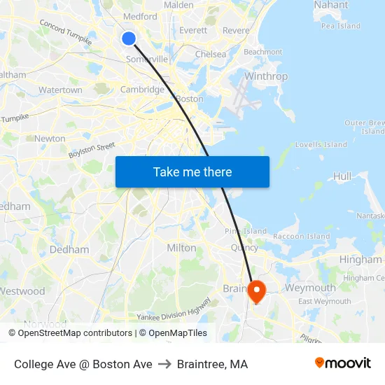 College Ave @ Boston Ave to Braintree, MA map