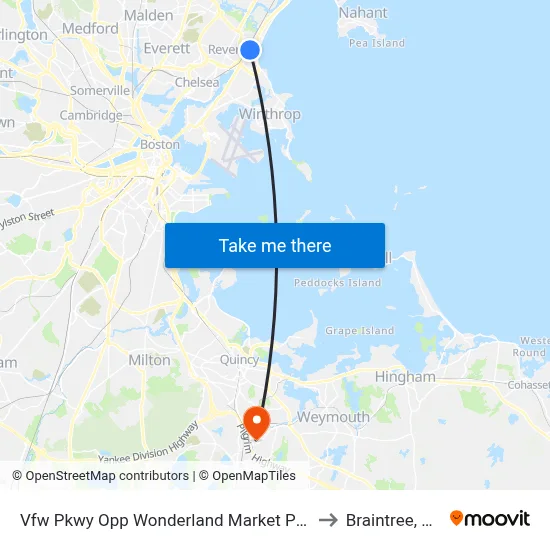 Vfw Pkwy Opp Wonderland Market Place to Braintree, MA map