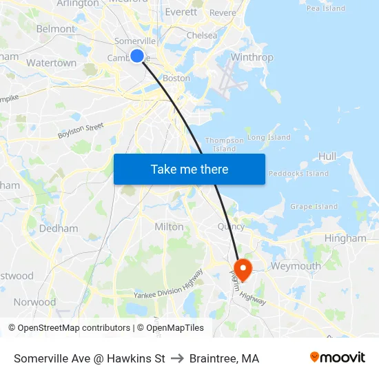 Somerville Ave @ Hawkins St to Braintree, MA map