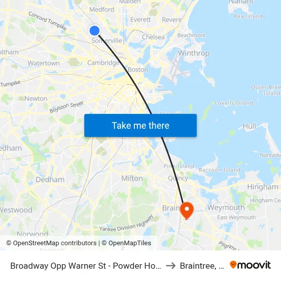 Broadway Opp Warner St - Powder House Sq to Braintree, MA map