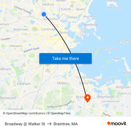 Broadway @ Walker St to Braintree, MA map