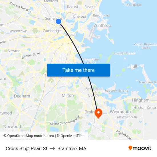 Cross St @ Pearl St to Braintree, MA map