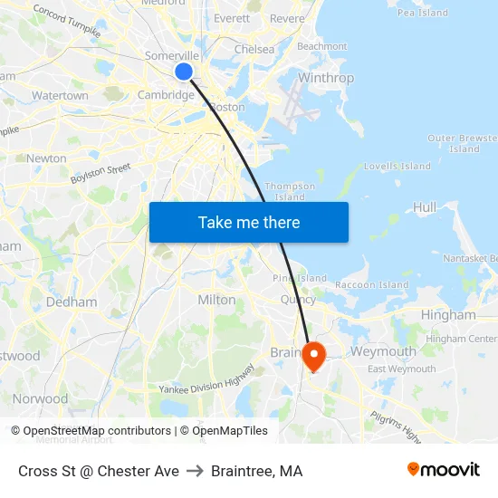 Cross St @ Chester Ave to Braintree, MA map
