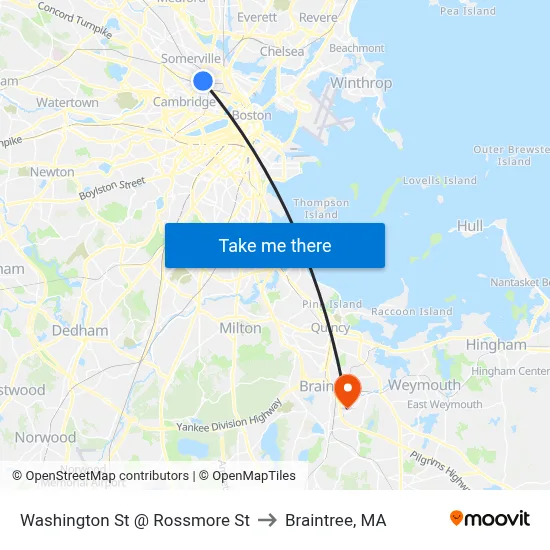 Washington St @ Rossmore St to Braintree, MA map