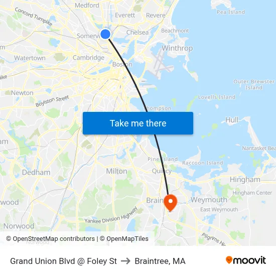 Grand Union Blvd @ Foley St to Braintree, MA map