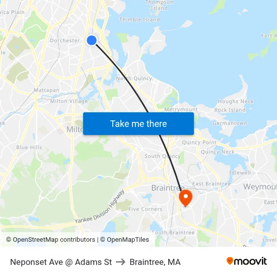 Neponset Ave @ Adams St to Braintree, MA map