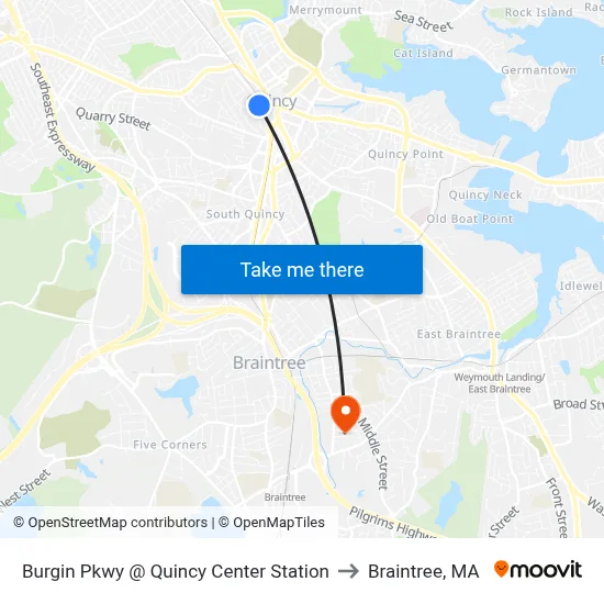 Burgin Pkwy @ Quincy Center Station to Braintree, MA map